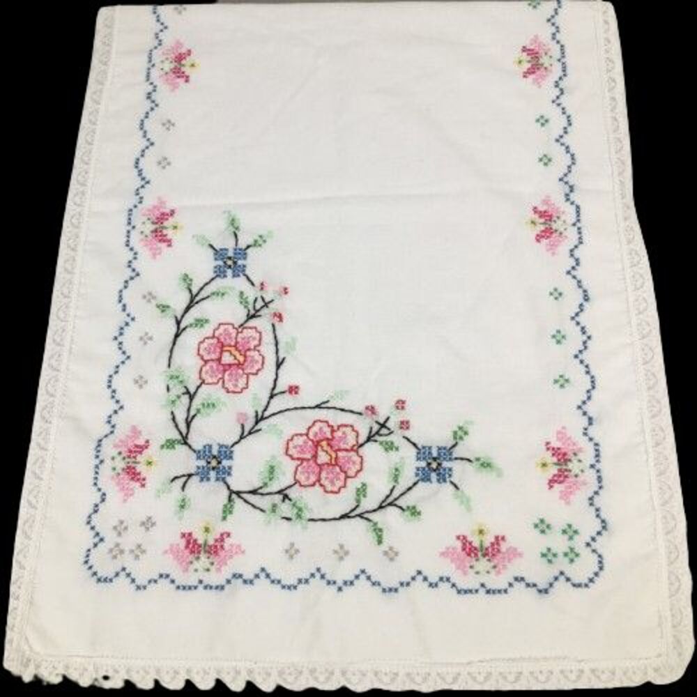 Vintage Floral Hand Embroidered Dresser Scarf Table Runner Flowers Cross Stitch
